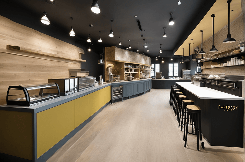 cafe kitchen space with shades of yellow.