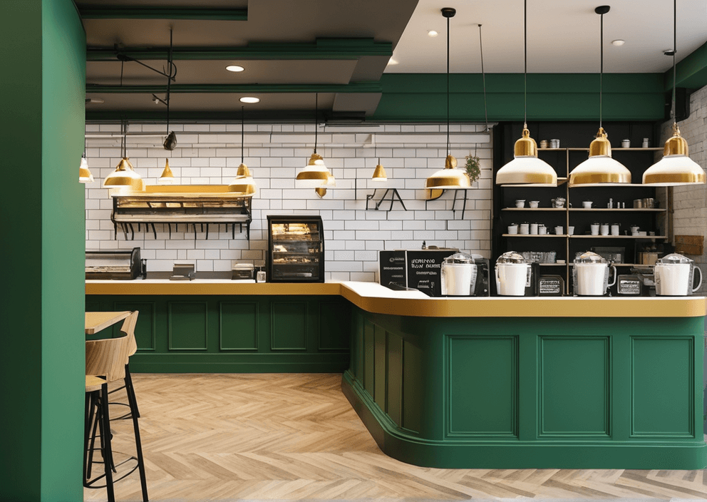 cafe kitchen space with shades of green.