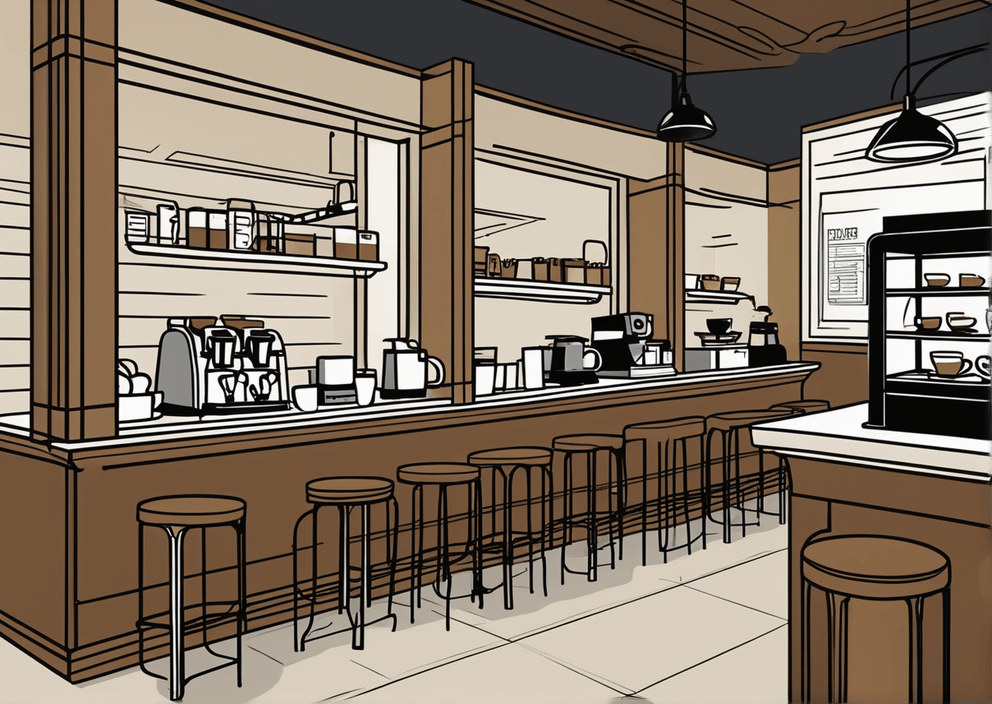 drawn of a coffee shop with a lot of utensils.